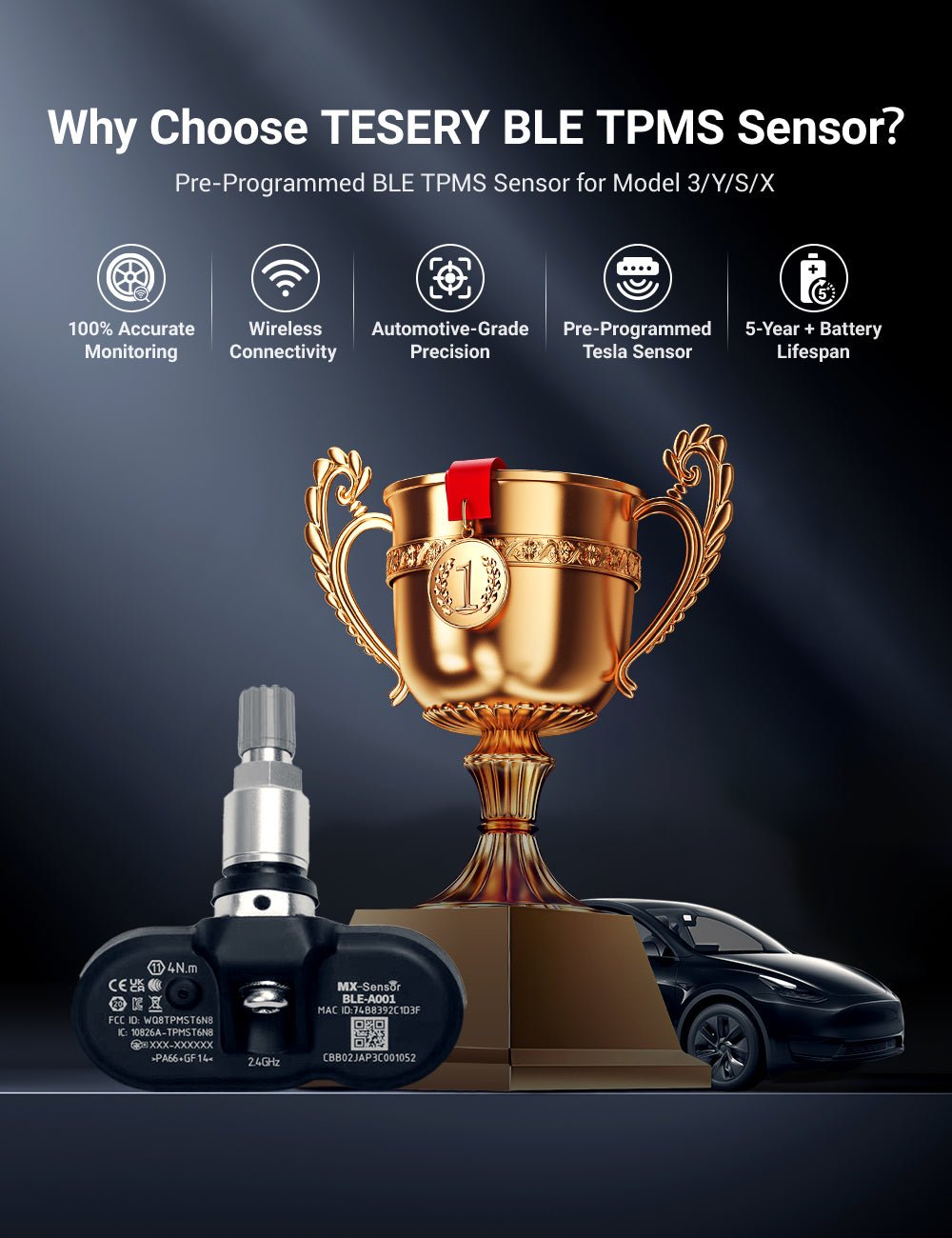 Why Choose TESERY BLE TPMS – 100% Accurate Monitoring, Wireless Connectivity, Automotive-Grade Precision, Pre-Programmed for Tesla, 5-Year Battery Life