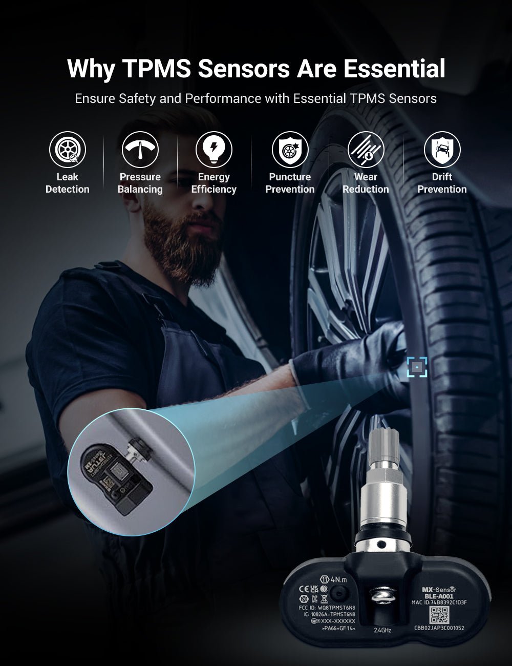TESERY BLE TPMS Sensor for Tesla – Leak Detection, Pressure Balancing, Energy Efficiency, Puncture Prevention, Wear Reduction, Drift Prevention