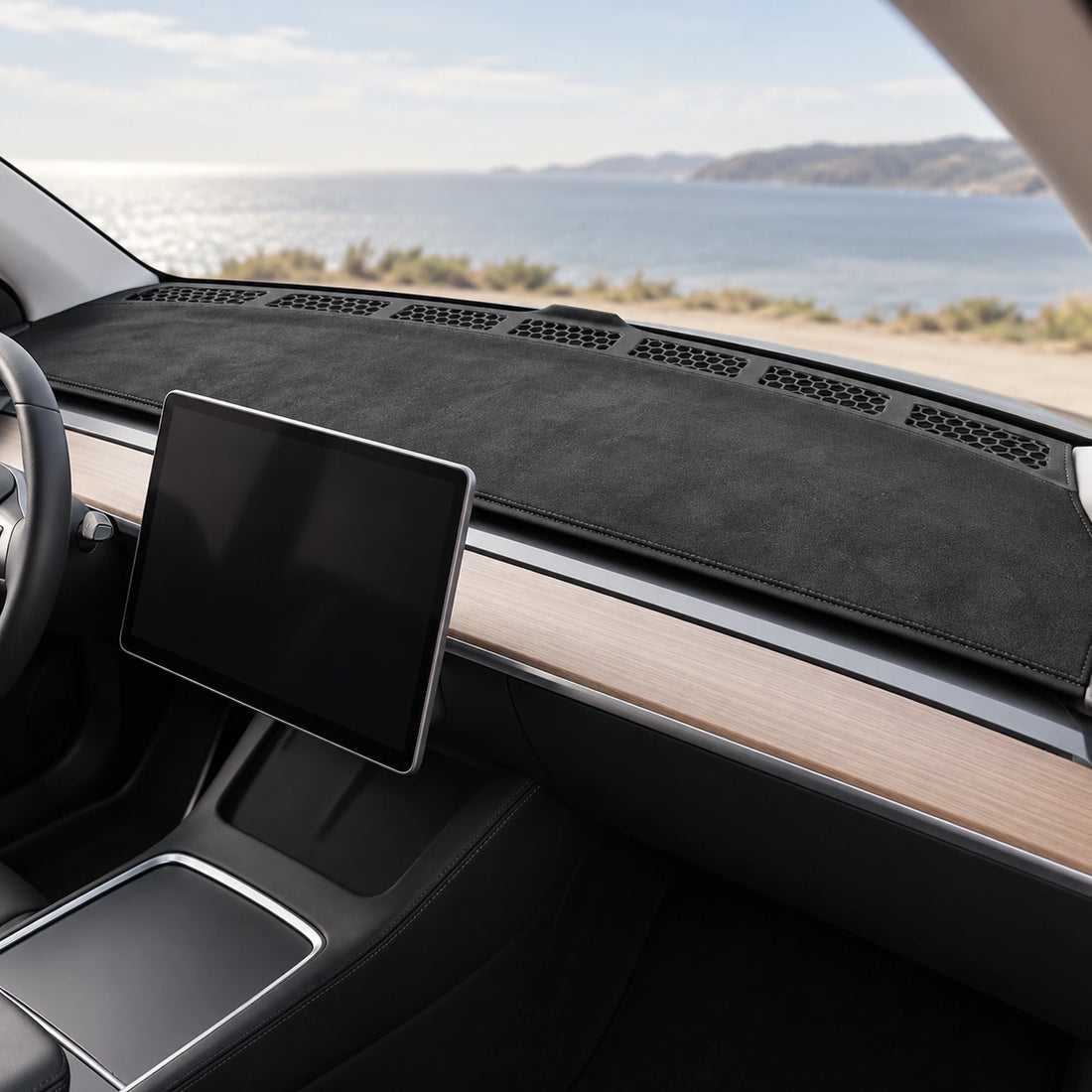 TESERY microfiber dashboard cover for Tesla Model 3 and Model Y, with seven honeycomb opening sections, on white.