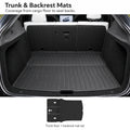 Black ribbed trunk floor and split rear-seat backrest mats installed in a Tesla Model Y Juniper, with the mat set shown below.