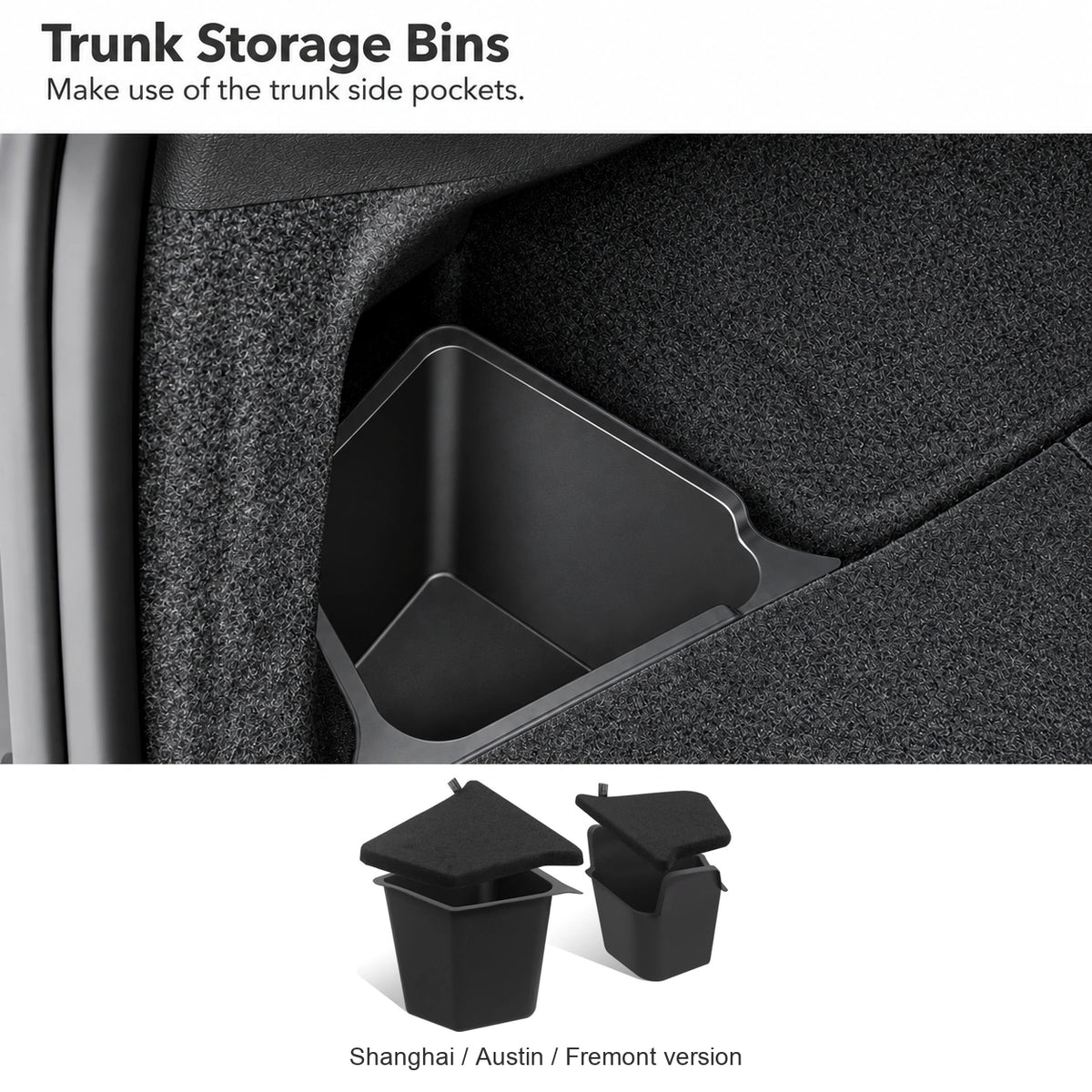 Tesla Model Y Juniper trunk side storage bin installed, with two bins and lids below; Shanghai, Austin and Fremont version shown.