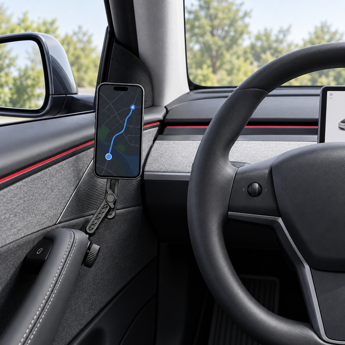 Black magnetic door phone mount with circular head, slotted adjustable arm and rotary clamp on a white background.
