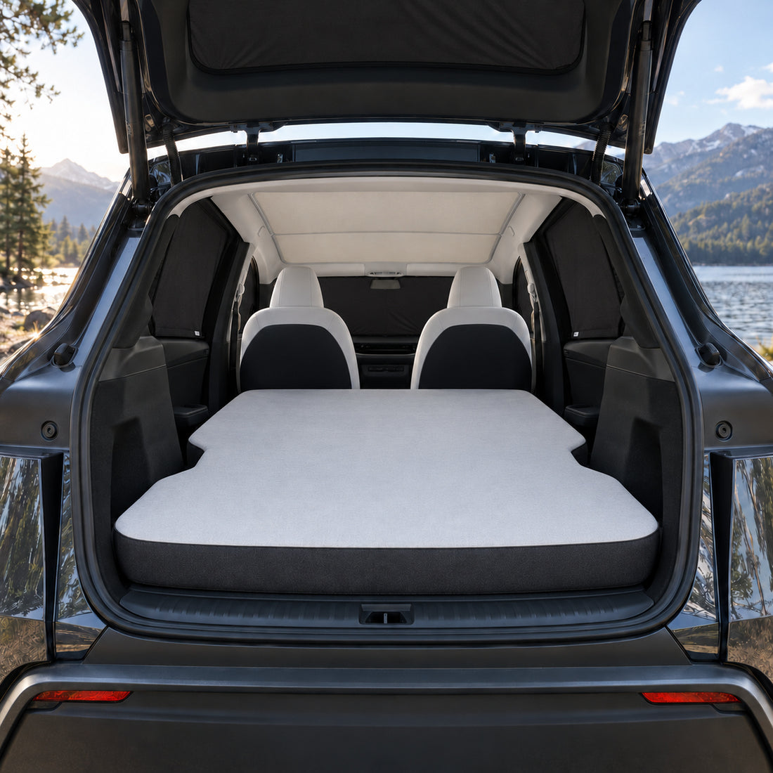 Complete sleep bundle on white: NovaPads mattress, two beige roof shade panels and eight black shades for front, rear and side glass