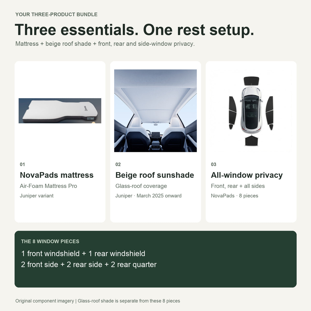 Bundle contents: NovaPads mattress, beige roof shade and full eight-piece privacy set including front and rear windshields