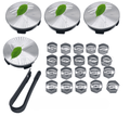 Four silver radial-finish wheel center caps, twenty silver lug nut covers and a black U-shaped removal tool.