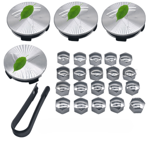 Four silver radial-finish wheel center caps, twenty silver lug nut covers and a black U-shaped removal tool.