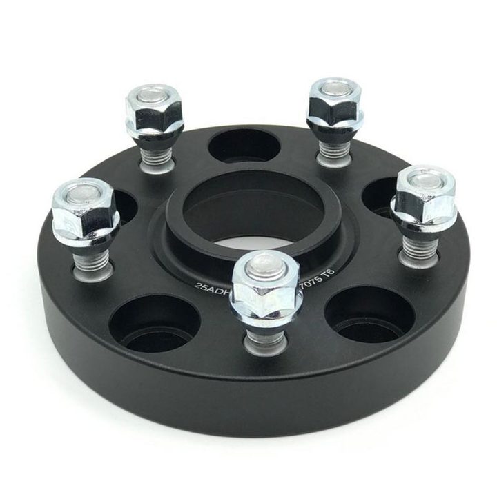 TESERY forged wheel spacer front view with five silver studs and nuts alternating with five mounting holes.